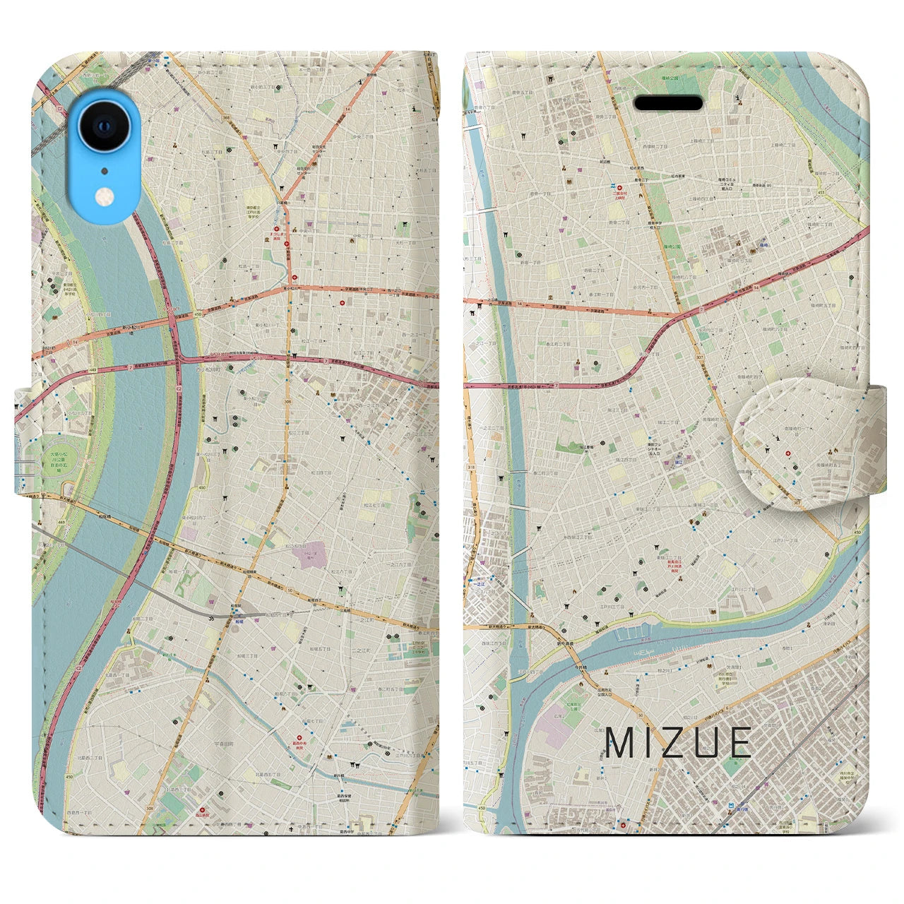 【瑞江】地図柄iPhoneケース（手帳両面タイプ・ナチュラル）iPhone XR 用