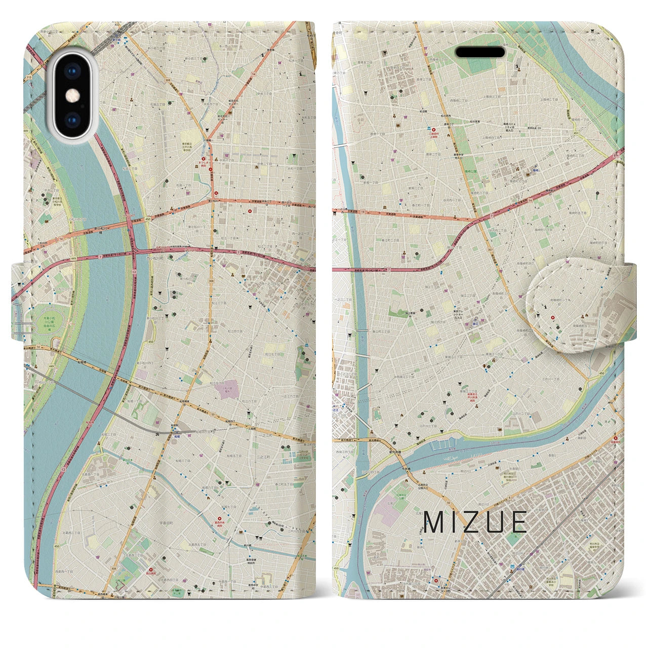 【瑞江】地図柄iPhoneケース（手帳両面タイプ・ナチュラル）iPhone XS Max 用