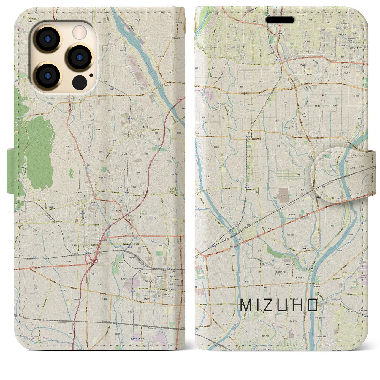 【瑞穂（岐阜県）】地図柄iPhoneケース（手帳タイプ）ナチュラル・iPhone 12 Pro Max 用