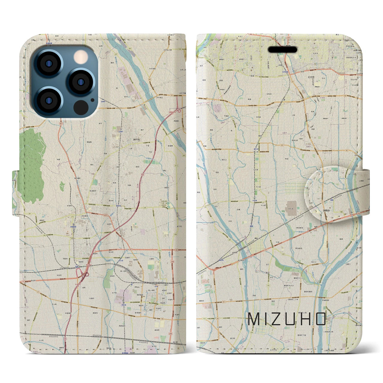 【瑞穂（岐阜県）】地図柄iPhoneケース（手帳タイプ）ナチュラル・iPhone 12 / 12 Pro 用
