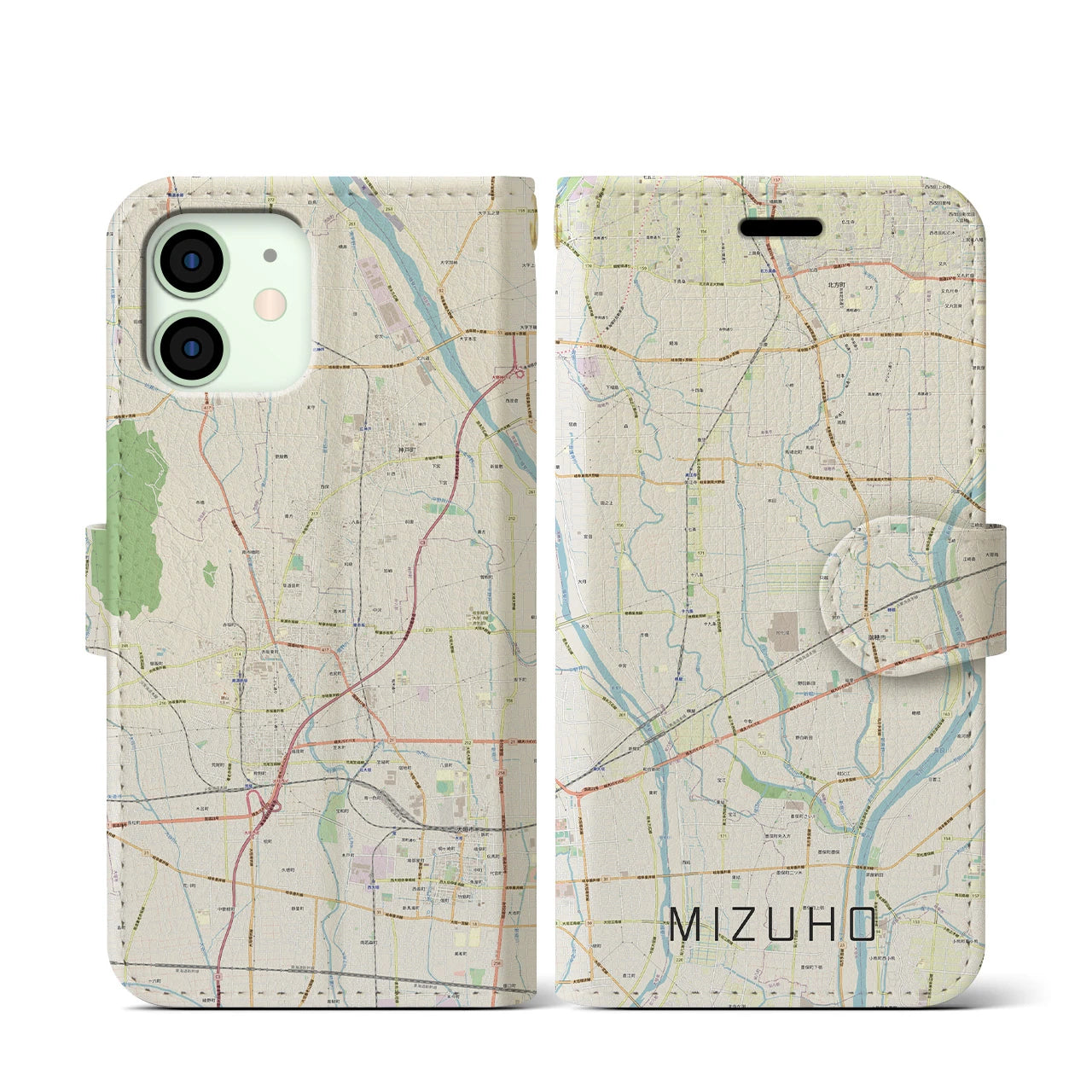 【瑞穂（岐阜県）】地図柄iPhoneケース（手帳タイプ）ナチュラル・iPhone 12 mini 用