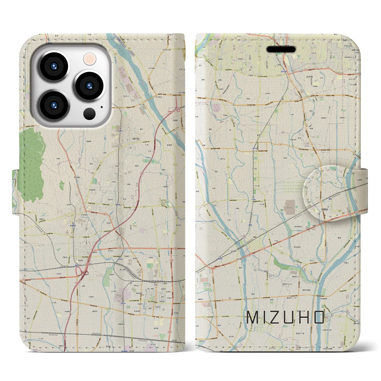 【瑞穂（岐阜県）】地図柄iPhoneケース（手帳タイプ）ナチュラル・iPhone 13 Pro 用