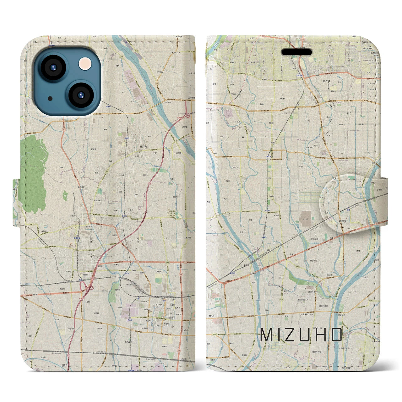 【瑞穂（岐阜県）】地図柄iPhoneケース（手帳タイプ）ナチュラル・iPhone 13 用
