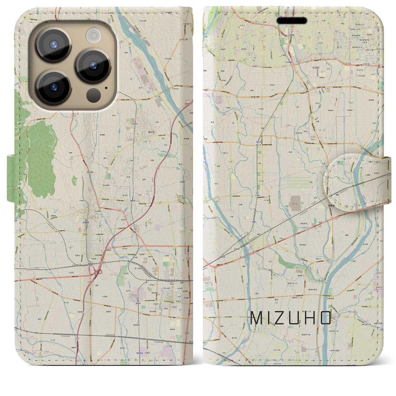 【瑞穂（岐阜県）】地図柄iPhoneケース（手帳タイプ）ナチュラル・iPhone 14 Pro Max 用
