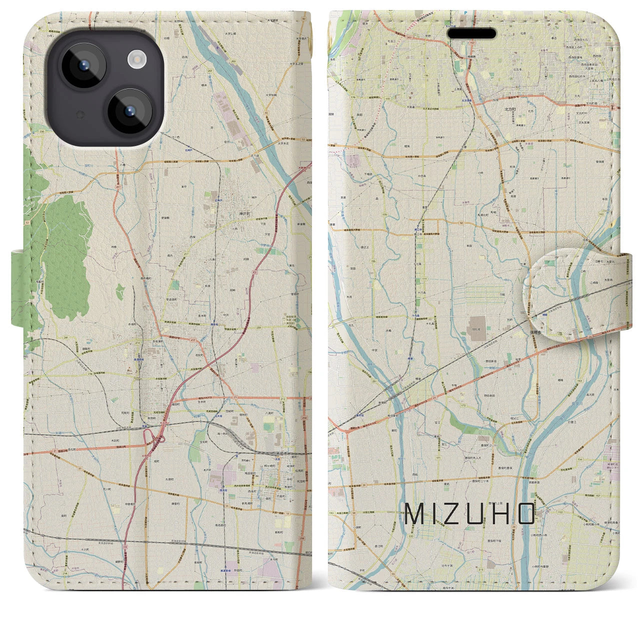 【瑞穂（岐阜県）】地図柄iPhoneケース（手帳タイプ）ナチュラル・iPhone 14 Plus 用