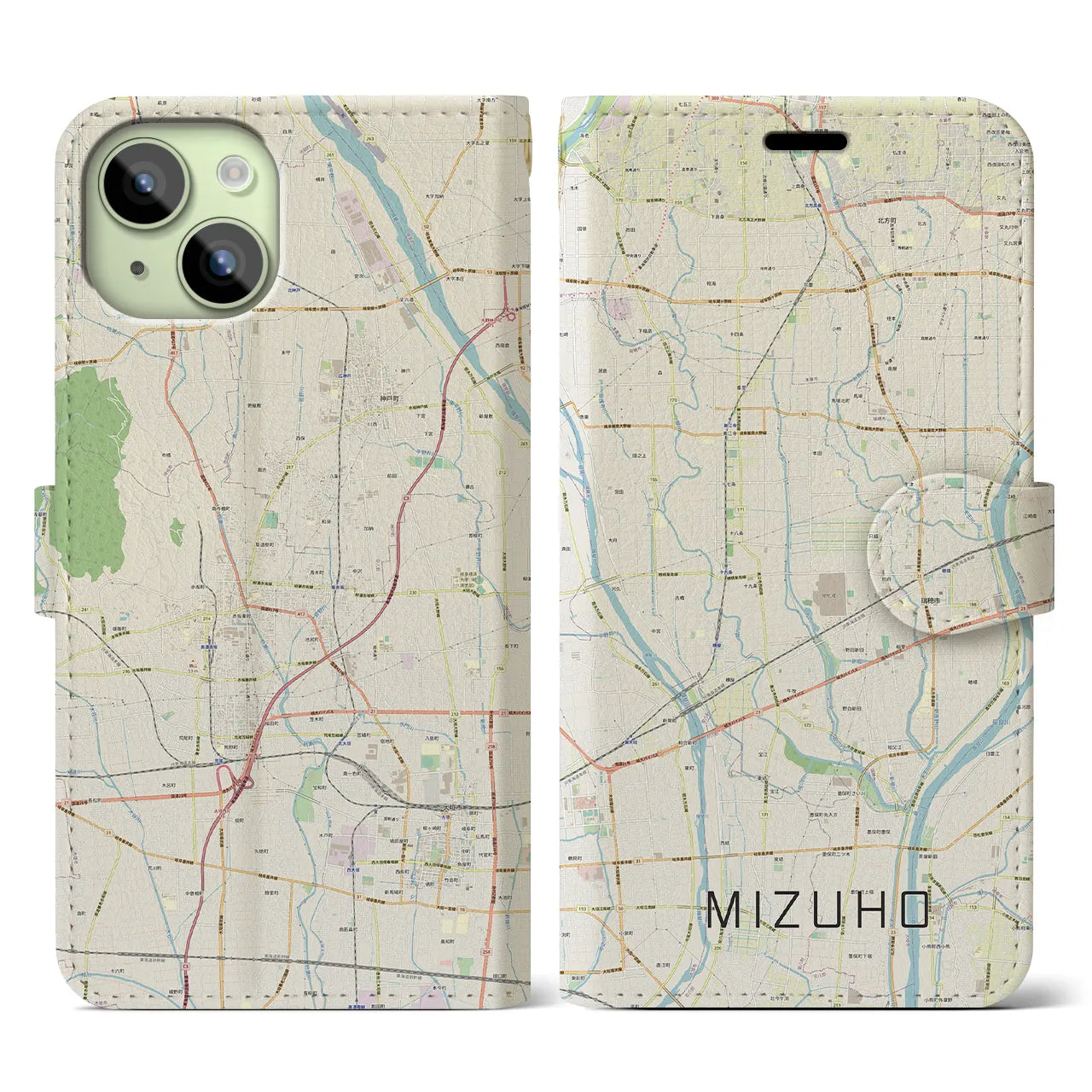【瑞穂（岐阜県）】地図柄iPhoneケース（手帳タイプ）ナチュラル・iPhone 15 用