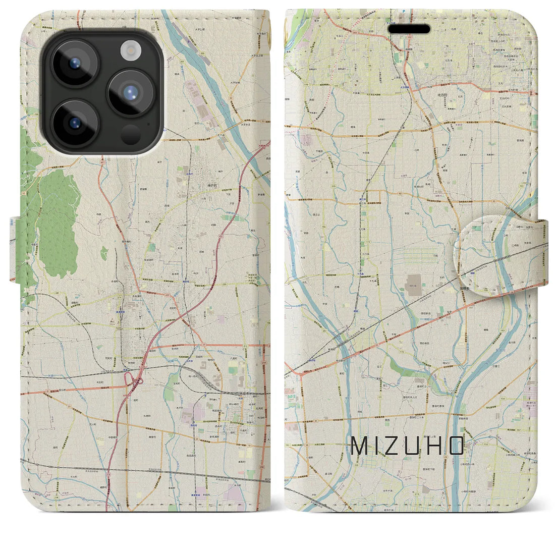 【瑞穂】地図柄iPhoneケース（手帳両面タイプ・ナチュラル）iPhone 15 Pro Max 用