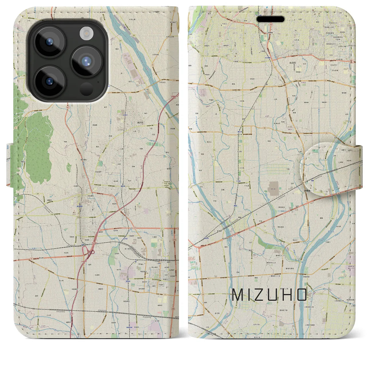 【瑞穂（岐阜県）】地図柄iPhoneケース（手帳タイプ）ナチュラル・iPhone 15 Pro Max 用
