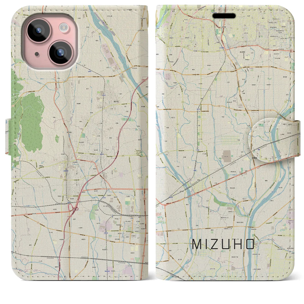 【瑞穂（岐阜県）】地図柄iPhoneケース（手帳タイプ）ナチュラル・iPhone 15 Plus 用