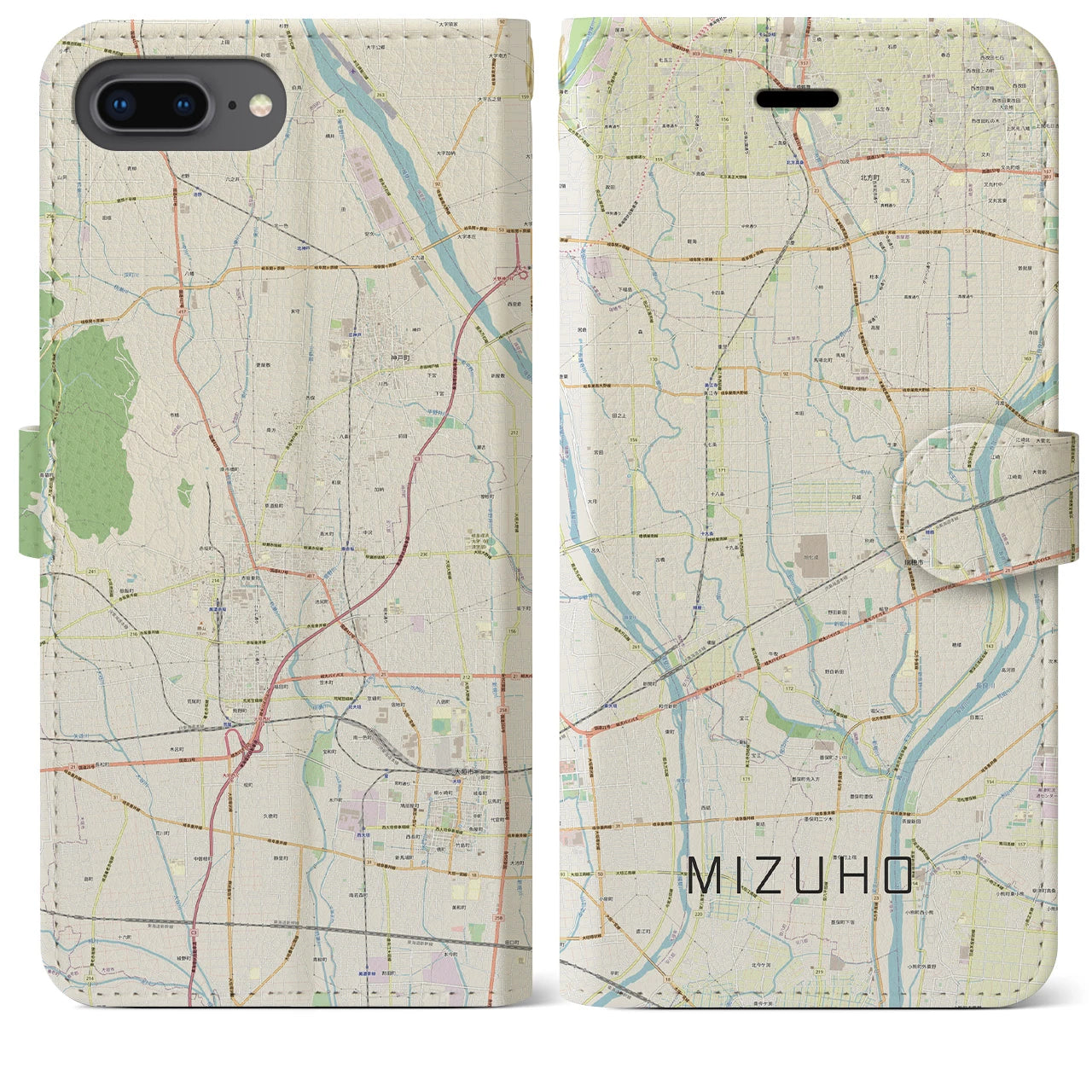 【瑞穂（岐阜県）】地図柄iPhoneケース（手帳タイプ）ナチュラル・iPhone 8Plus /7Plus / 6sPlus / 6Plus 用