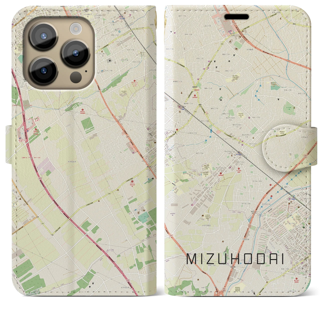 【みずほ台】地図柄iPhoneケース（手帳両面タイプ・ナチュラル）iPhone 14 Pro Max 用