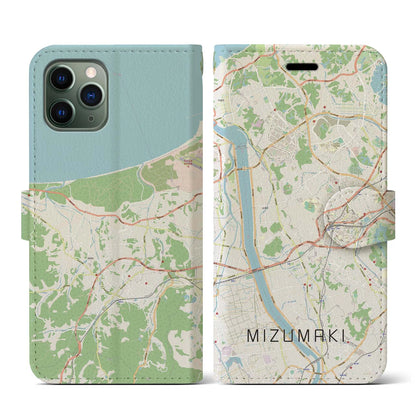【水巻（福岡県）】地図柄iPhoneケース（手帳タイプ）ナチュラル・iPhone 11 Pro 用
