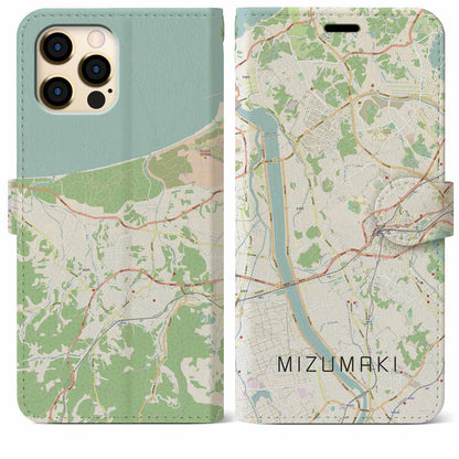 【水巻（福岡県）】地図柄iPhoneケース（手帳タイプ）ナチュラル・iPhone 12 Pro Max 用