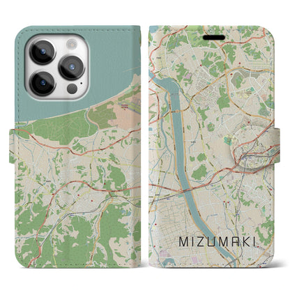 【水巻（福岡県）】地図柄iPhoneケース（手帳タイプ）ナチュラル・iPhone 14 Pro 用