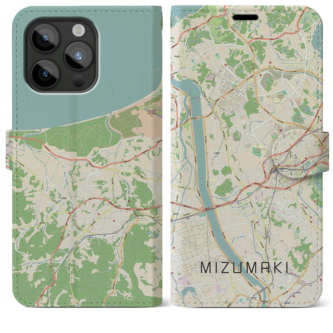 【水巻】地図柄iPhoneケース（手帳両面タイプ・ナチュラル）iPhone 15 Pro Max 用