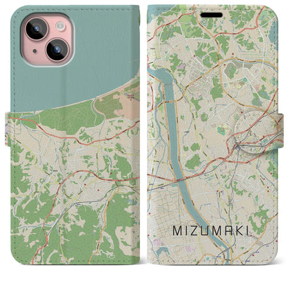 【水巻（福岡県）】地図柄iPhoneケース（手帳タイプ）ナチュラル・iPhone 15 Plus 用