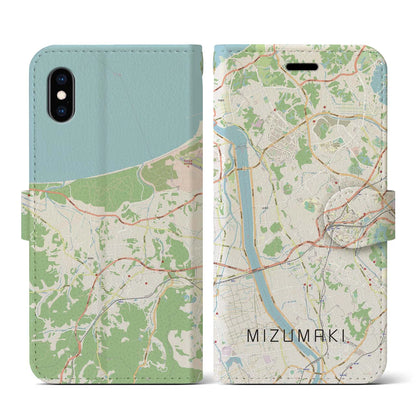 【水巻（福岡県）】地図柄iPhoneケース（手帳タイプ）ナチュラル・iPhone XS / X 用
