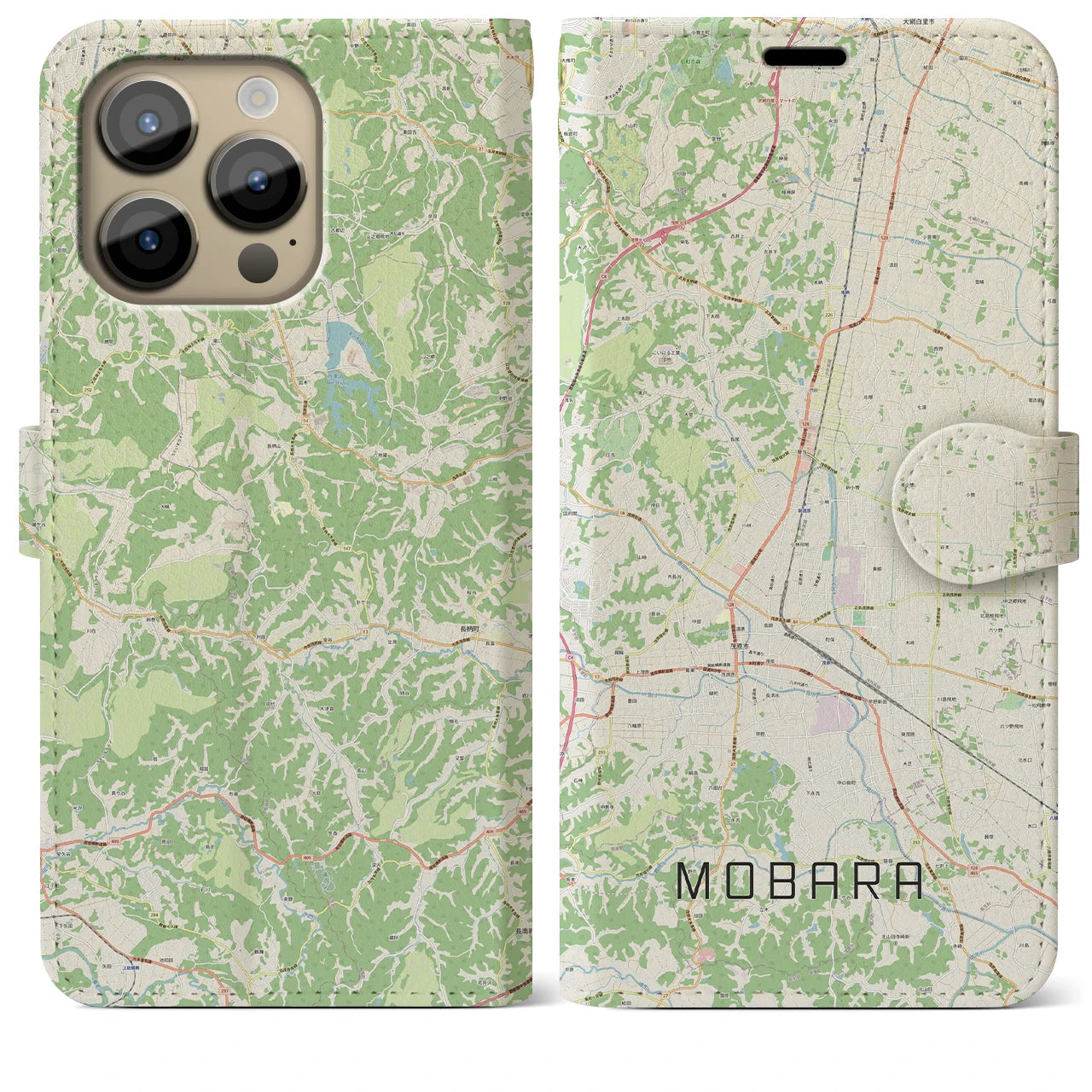 【茂原】地図柄iPhoneケース（手帳両面タイプ・ナチュラル）iPhone 14 Pro Max 用