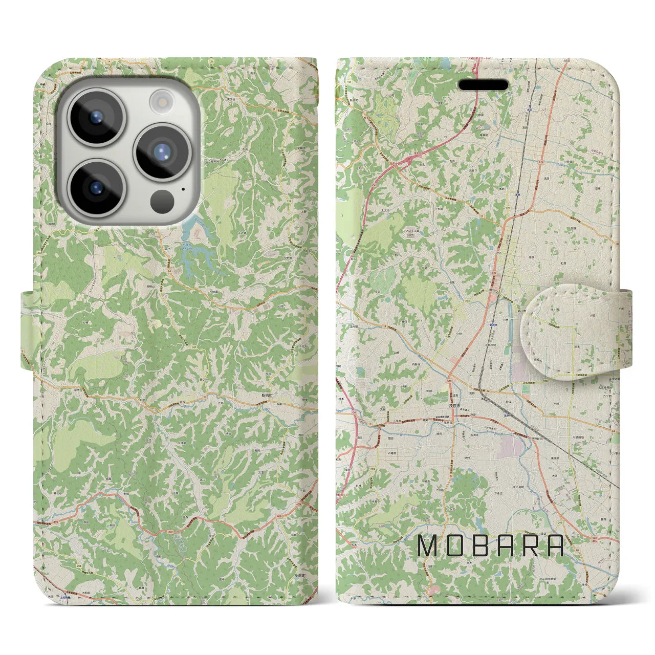 【茂原】地図柄iPhoneケース（手帳両面タイプ・ナチュラル）iPhone 15 Pro 用
