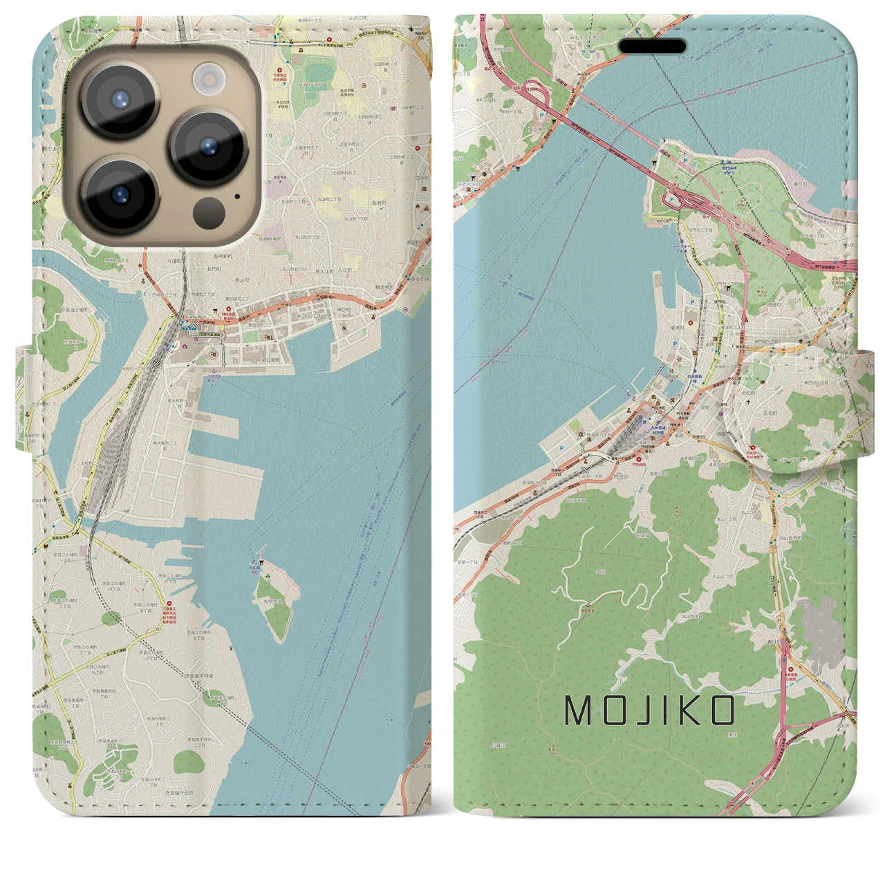 【門司港】地図柄iPhoneケース（手帳両面タイプ・ナチュラル）iPhone 14 Pro Max 用