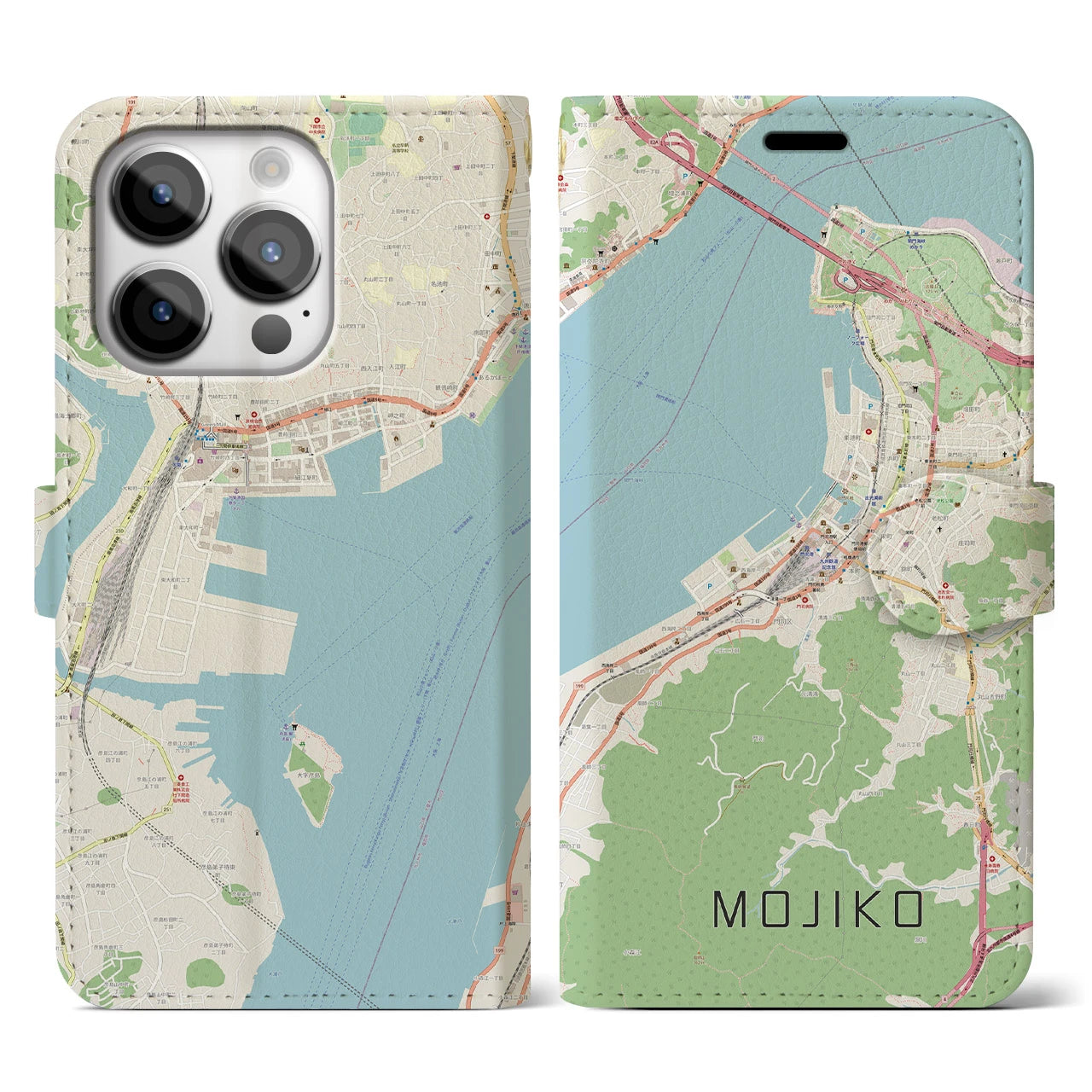 【門司港】地図柄iPhoneケース（手帳両面タイプ・ナチュラル）iPhone 14 Pro 用