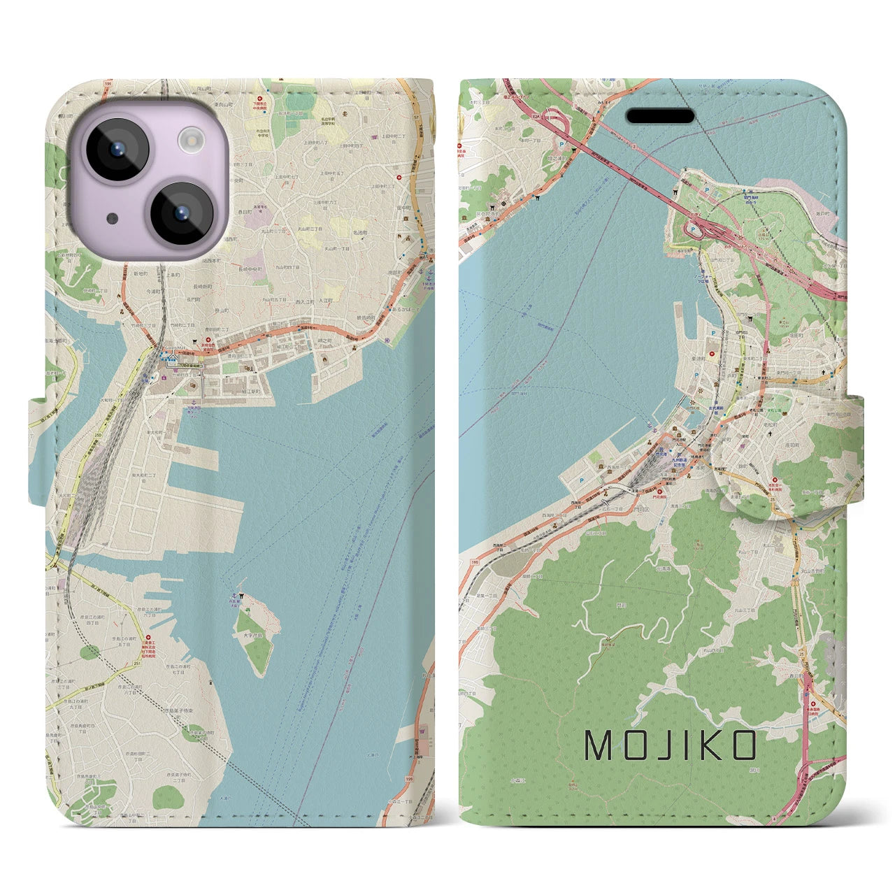 【門司港】地図柄iPhoneケース（手帳両面タイプ・ナチュラル）iPhone 14 用