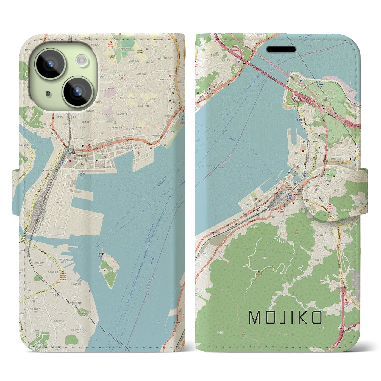 【門司港】地図柄iPhoneケース（手帳両面タイプ・ナチュラル）iPhone 15 用