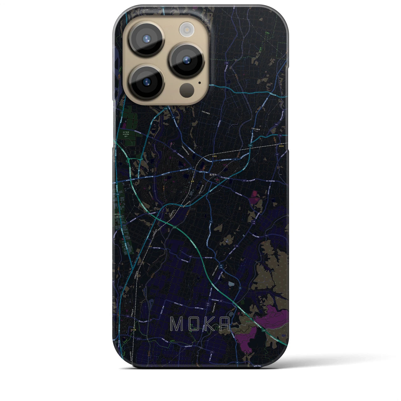【真岡】地図柄iPhoneケース（バックカバータイプ・ブラック）iPhone 14 Pro Max 用