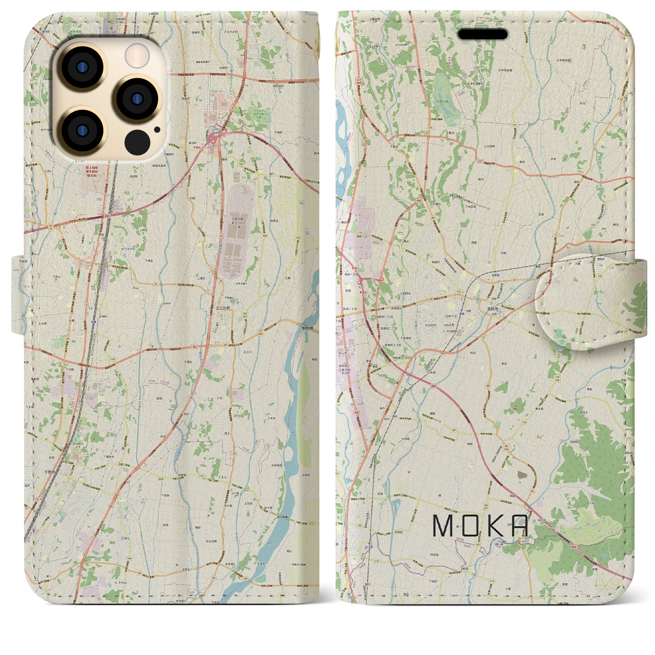【真岡】地図柄iPhoneケース（手帳両面タイプ・ナチュラル）iPhone 12 Pro Max 用