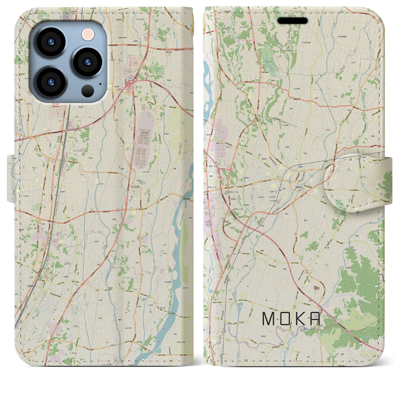 【真岡】地図柄iPhoneケース（手帳両面タイプ・ナチュラル）iPhone 13 Pro Max 用