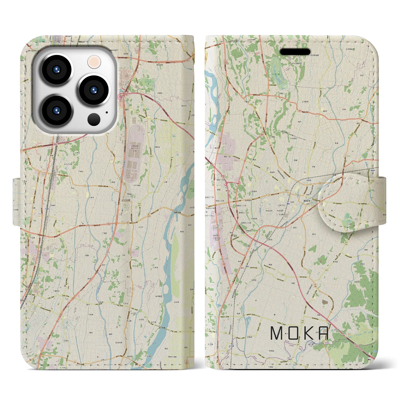 【真岡】地図柄iPhoneケース（手帳両面タイプ・ナチュラル）iPhone 13 Pro 用