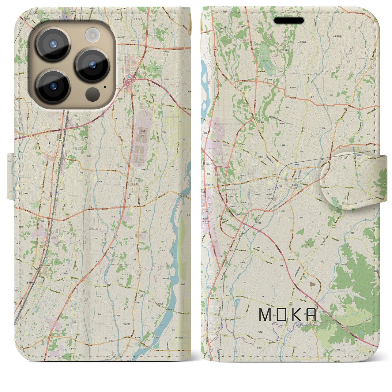 【真岡】地図柄iPhoneケース（手帳両面タイプ・ナチュラル）iPhone 14 Pro Max 用