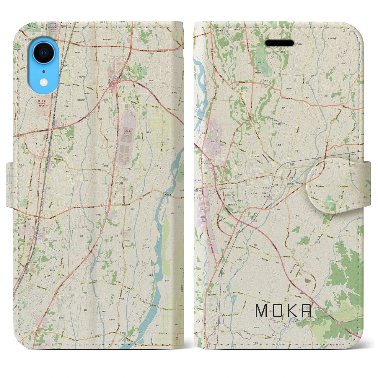 【真岡】地図柄iPhoneケース（手帳両面タイプ・ナチュラル）iPhone XR 用