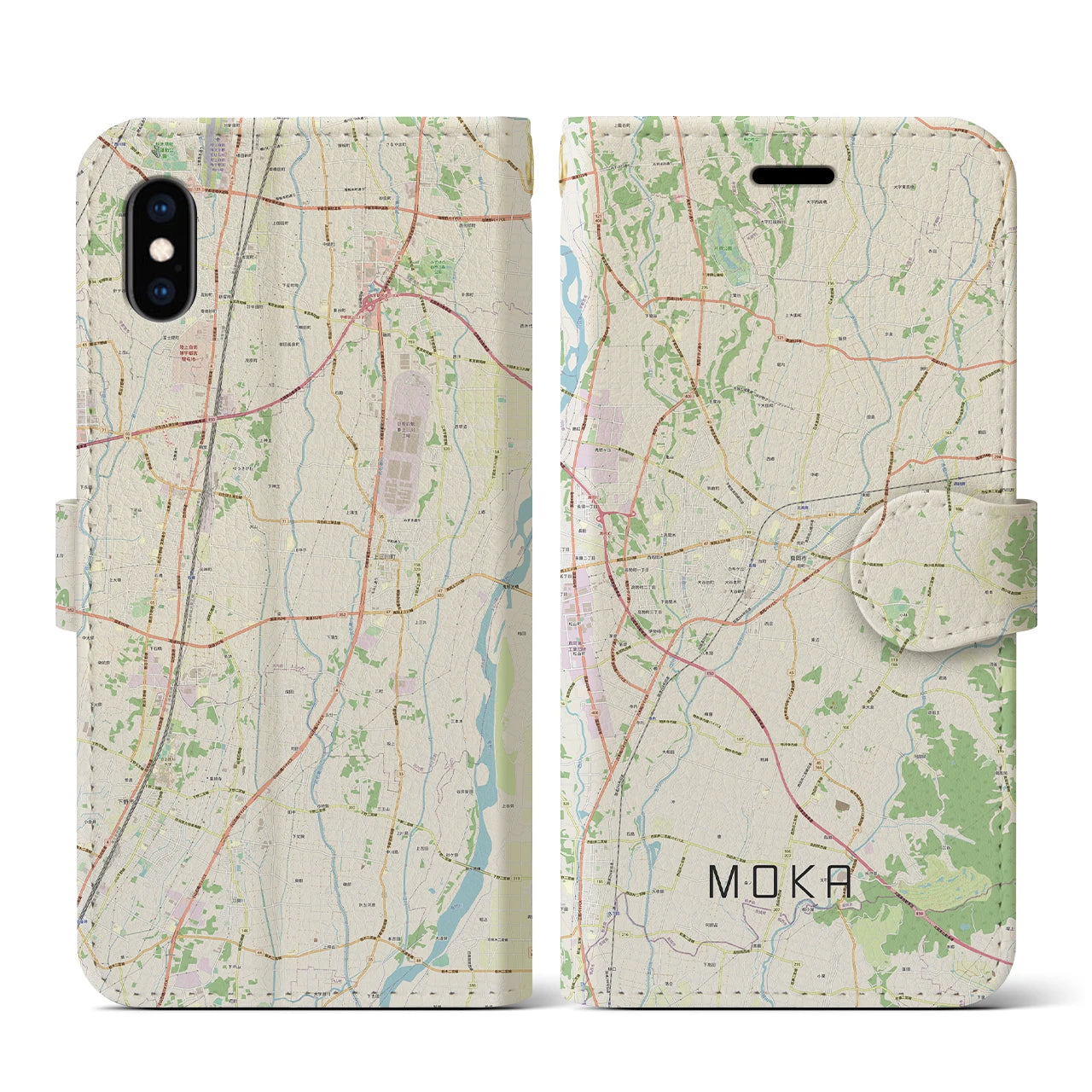 【真岡】地図柄iPhoneケース（手帳両面タイプ・ナチュラル）iPhone XS / X 用