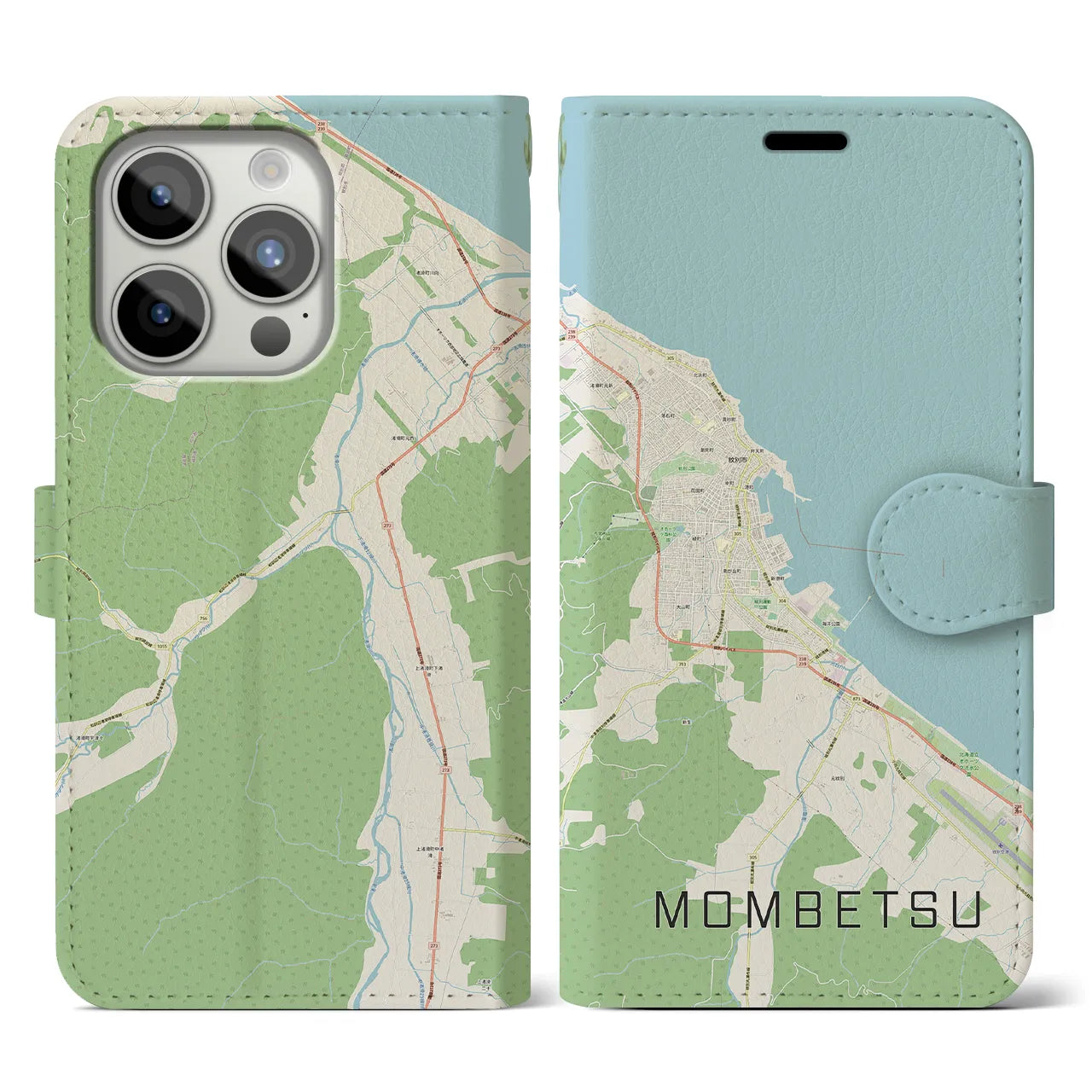 【紋別】地図柄iPhoneケース（手帳両面タイプ・ナチュラル）iPhone 15 Pro 用
