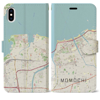 【百道（福岡県）】地図柄iPhoneケース（手帳タイプ）ナチュラル・iPhone XS Max 用