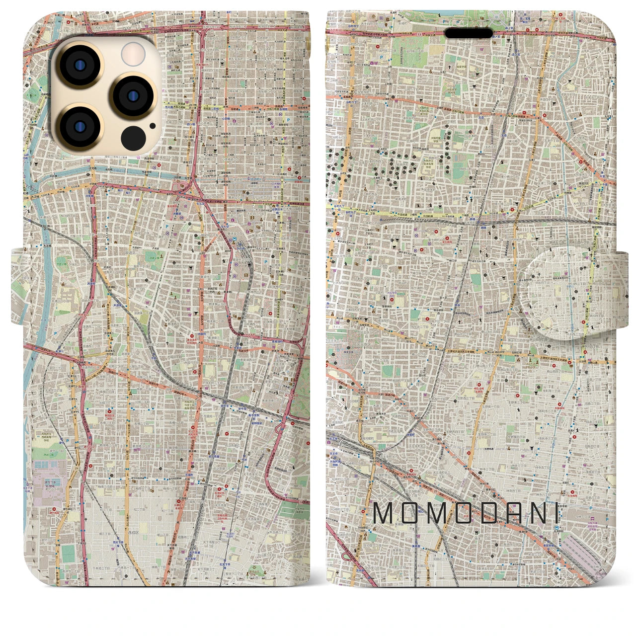 【桃谷】地図柄iPhoneケース（手帳両面タイプ・ナチュラル）iPhone 12 Pro Max 用