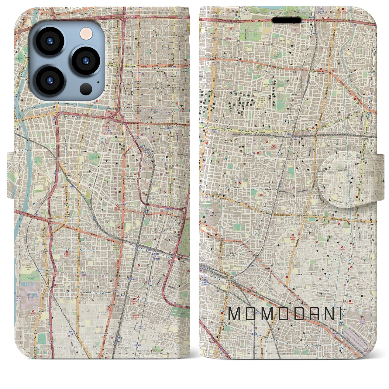 【桃谷】地図柄iPhoneケース（手帳両面タイプ・ナチュラル）iPhone 13 Pro Max 用