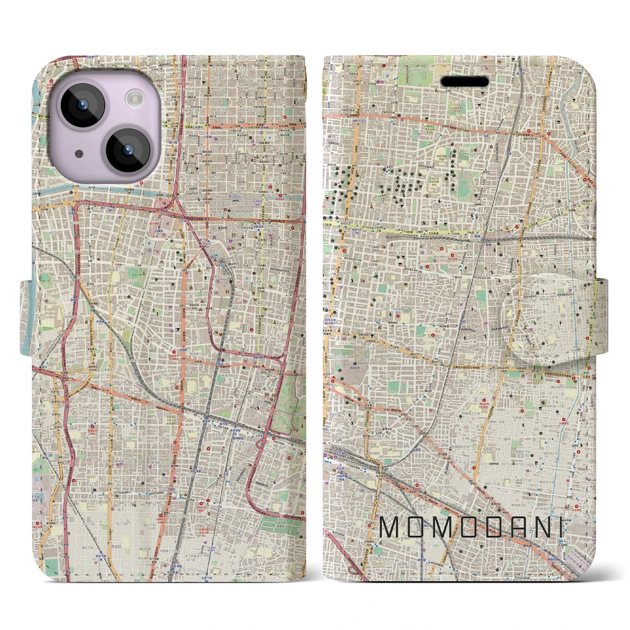 【桃谷】地図柄iPhoneケース（手帳両面タイプ・ナチュラル）iPhone 14 用