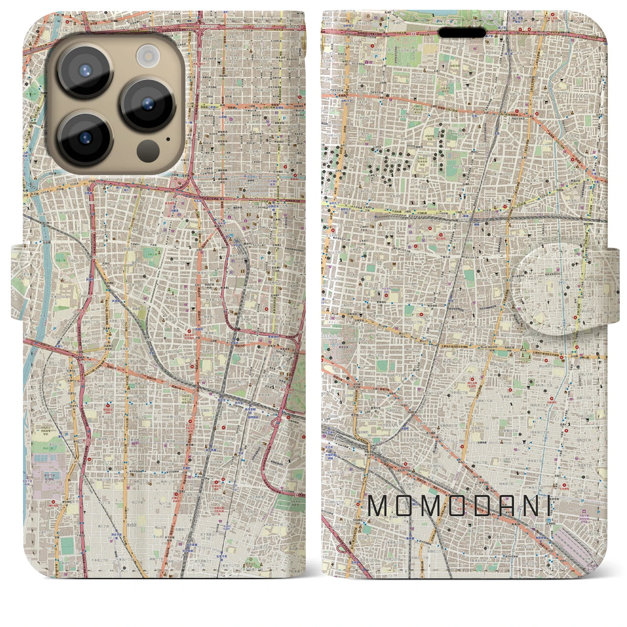 【桃谷】地図柄iPhoneケース（手帳両面タイプ・ナチュラル）iPhone 14 Pro Max 用