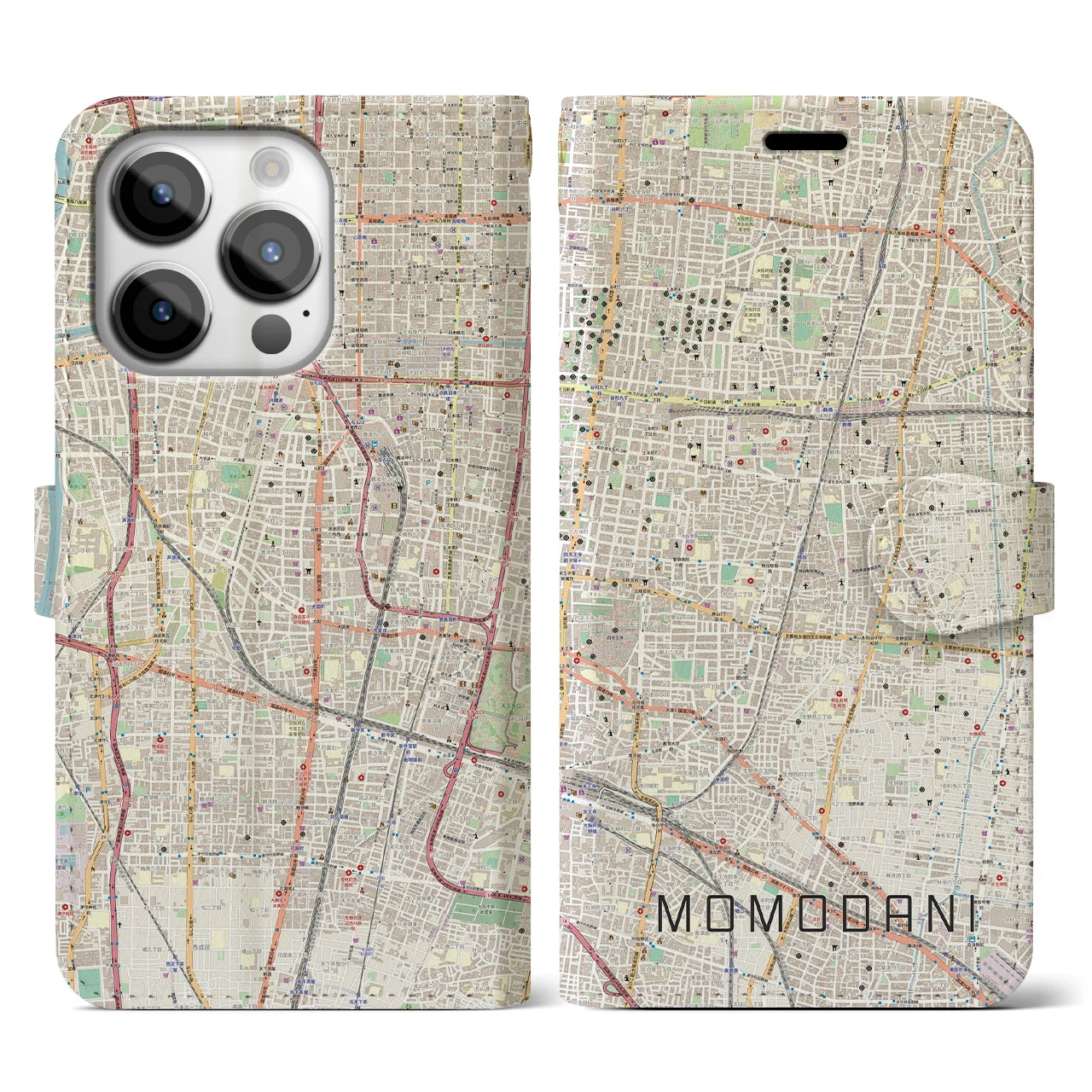 【桃谷】地図柄iPhoneケース（手帳両面タイプ・ナチュラル）iPhone 14 Pro 用