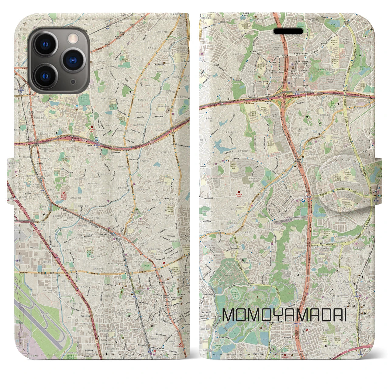【桃山台】地図柄iPhoneケース（手帳両面タイプ・ナチュラル）iPhone 11 Pro Max 用