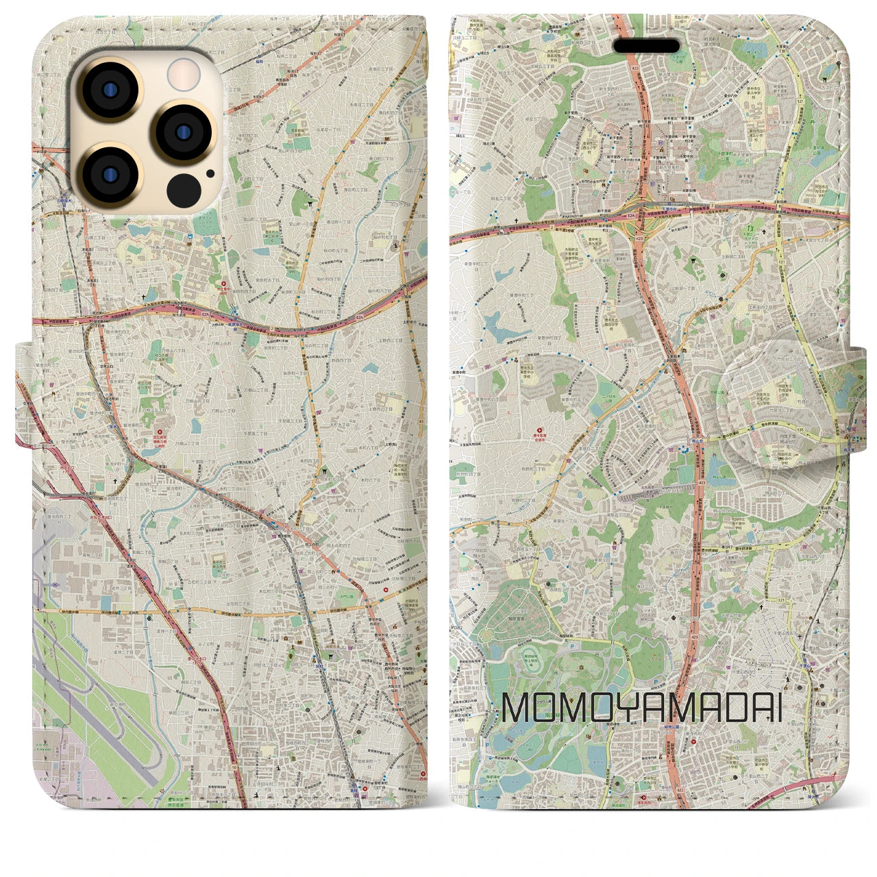 【桃山台】地図柄iPhoneケース（手帳両面タイプ・ナチュラル）iPhone 12 Pro Max 用