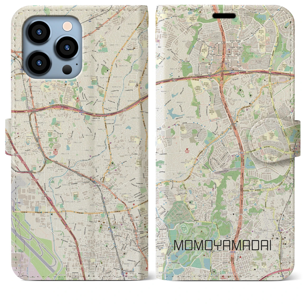【桃山台】地図柄iPhoneケース（手帳両面タイプ・ナチュラル）iPhone 13 Pro Max 用