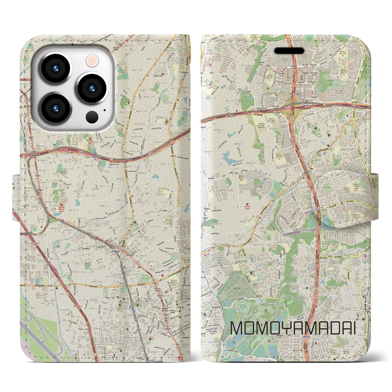 【桃山台】地図柄iPhoneケース（手帳両面タイプ・ナチュラル）iPhone 13 Pro 用