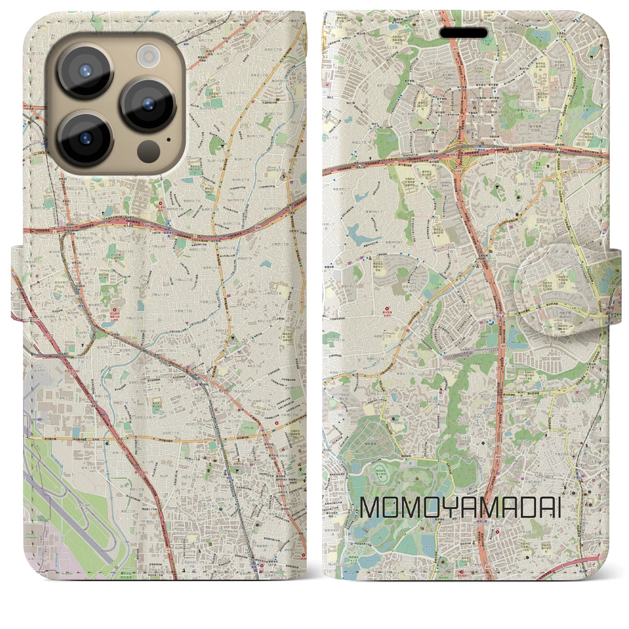 【桃山台】地図柄iPhoneケース（手帳両面タイプ・ナチュラル）iPhone 14 Pro Max 用