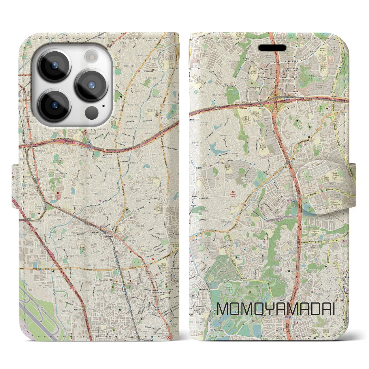 【桃山台】地図柄iPhoneケース（手帳両面タイプ・ナチュラル）iPhone 14 Pro 用