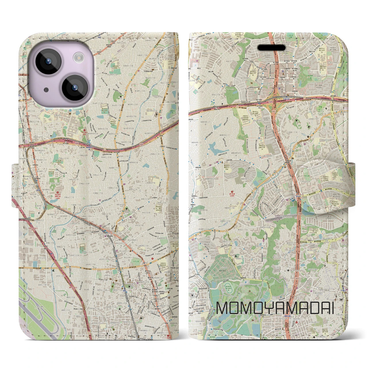 【桃山台】地図柄iPhoneケース（手帳両面タイプ・ナチュラル）iPhone 14 用