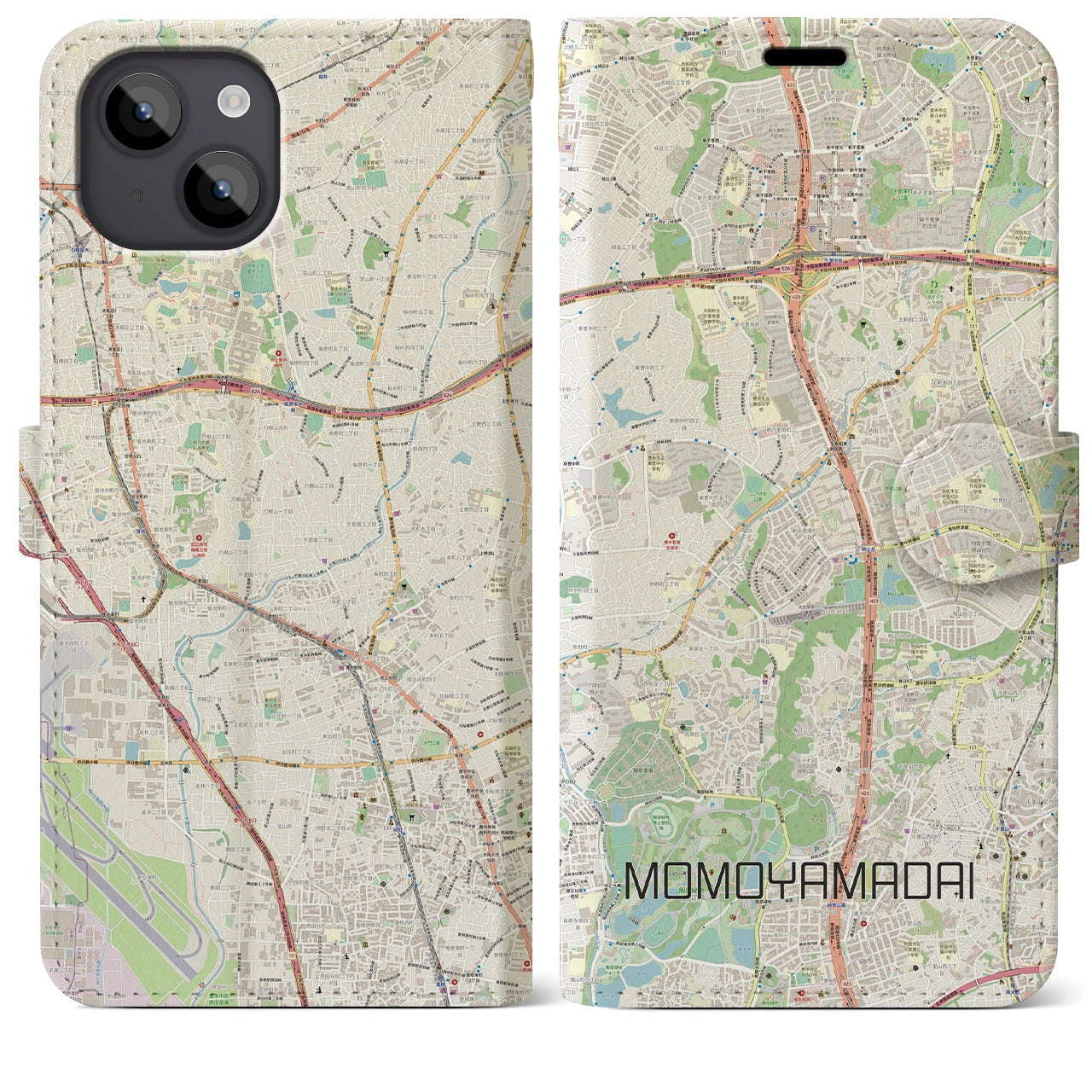 【桃山台】地図柄iPhoneケース（手帳両面タイプ・ナチュラル）iPhone 14 Plus 用