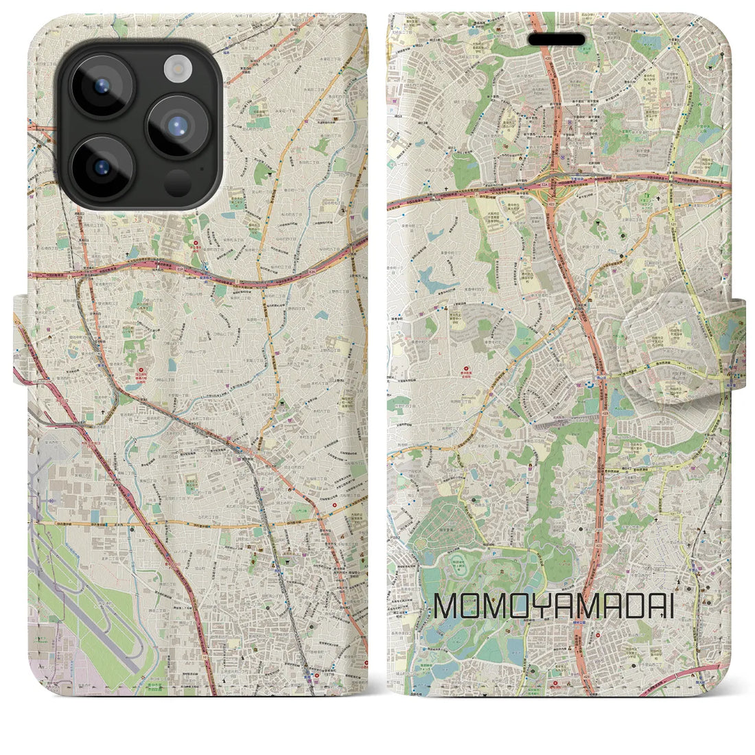 【桃山台】地図柄iPhoneケース（手帳両面タイプ・ナチュラル）iPhone 15 Pro Max 用